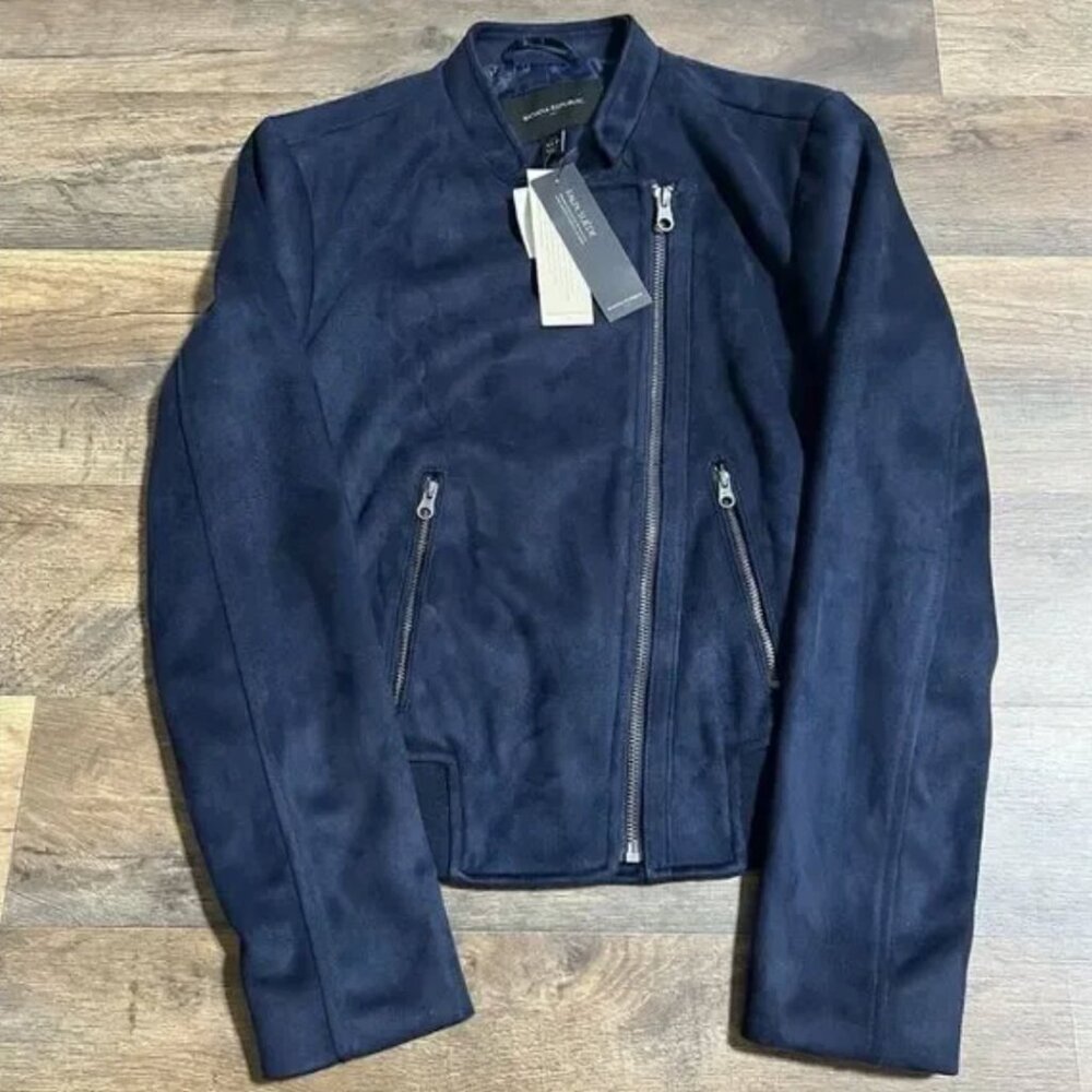 NWT Banana Republic Women's Vegan Faux Suede Navy Moto Jacket Coat Petite M
